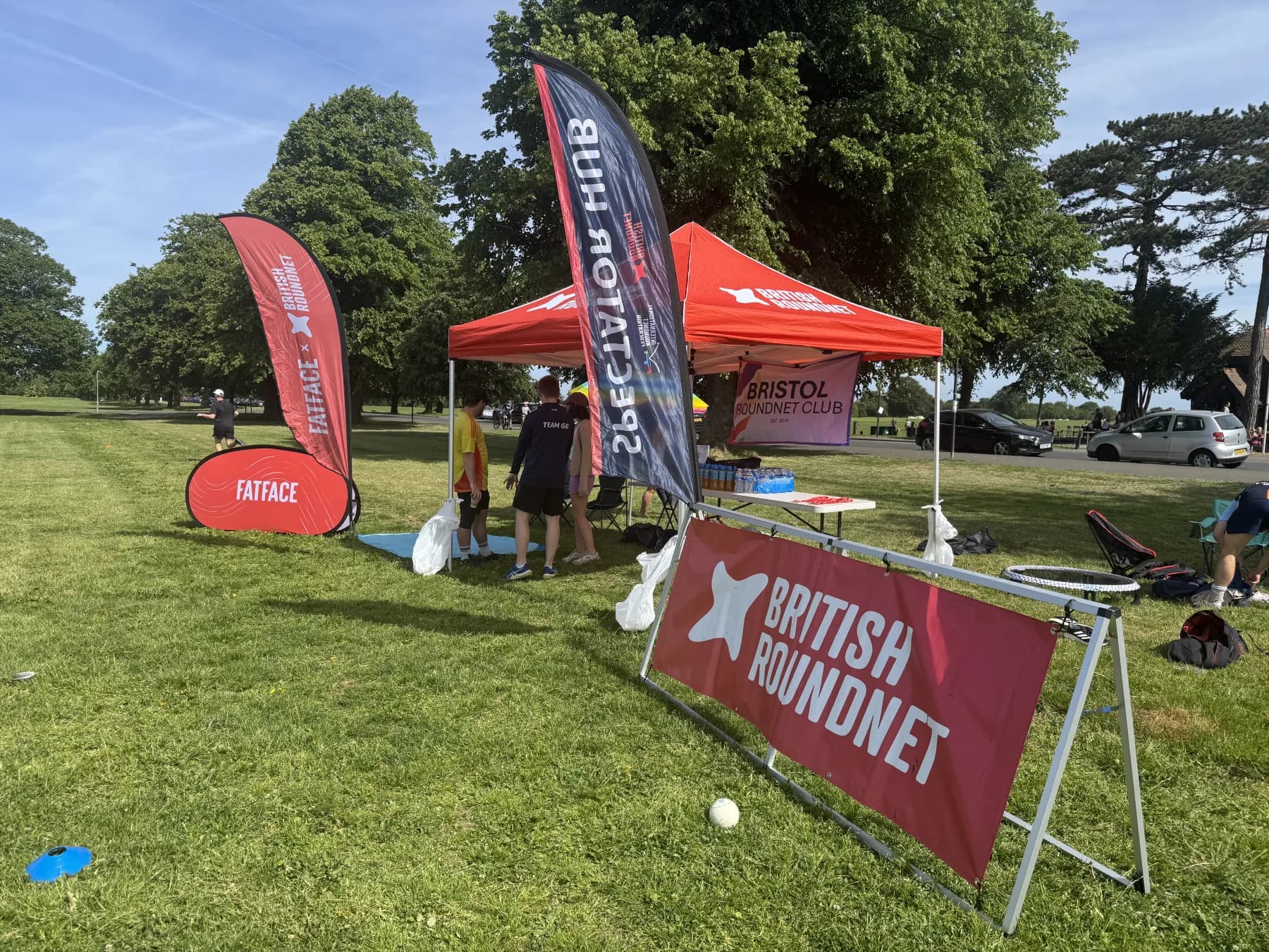 British Roundnet event setup with banners and club tents